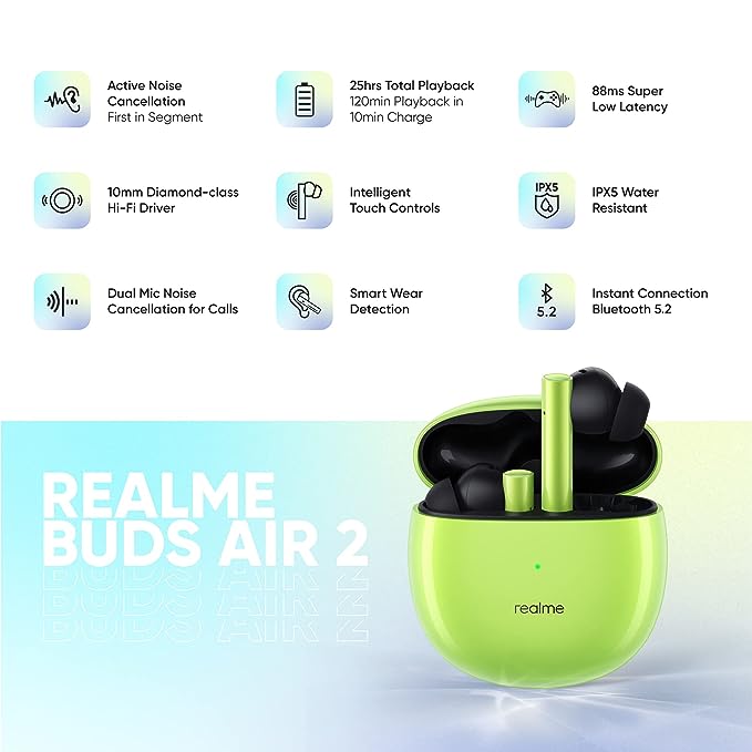 realme Buds Air 2 True Wireless in Ear Earbuds with Active Noise Cancellation (ANC), Super Low Latency Gaming Mode, Smart Wear Detection, Fast Charging & Up to 25Hrs Playtime (Closer Green) realme Buds Air 2 True Wireless in Ear Earbuds with Active Noise Cancellation (ANC), Super Low Latency Gaming Mode, Smart Wear Detection, Fast Charging & Up to 25Hrs Playtime (Closer Green)